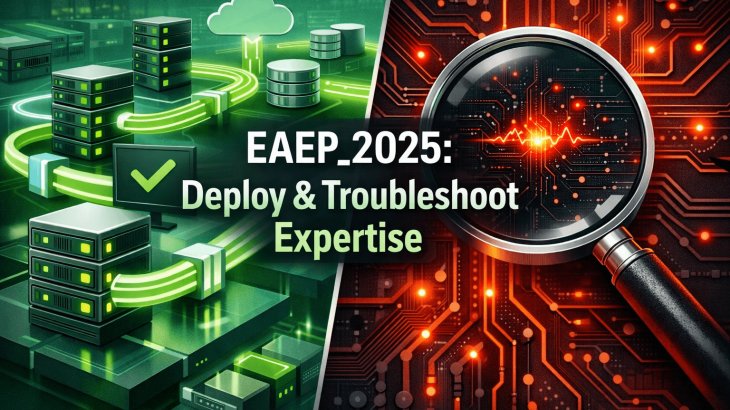 A split image showing seamless data flow on one side and a magnifying glass over a circuit board glitch on the other, representing deployment and troubleshooting expertise for the EAEP_2025 exam.