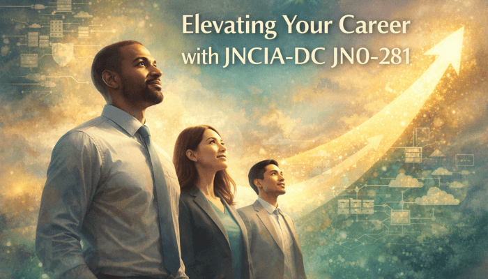 A realistic image of a professional looking confidently upward, with abstract network graphics in the background, symbolizing career growth and the value of JNCIA-DC JN0-281 certification.