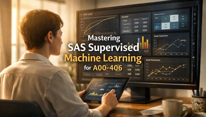 A focused professional analyzes a complex digital dashboard displaying machine learning model metrics, symbolizing the mastery of SAS Supervised Machine Learning for the A00-406 exam.