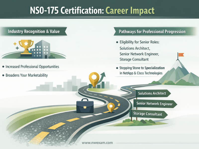An infographic detailing the career benefits of the NetApp NS0-175 certification, illustrating pathways for professional progression, increased recognition, and opportunities in roles like Solutions Architect and Network Engineer.