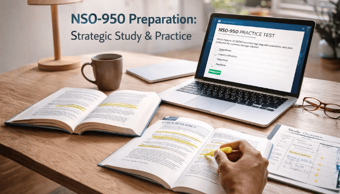 A serene study desk with a laptop showing a practice test, textbooks, and a hand highlighting notes, representing strategic preparation for the NetApp NS0-950 exam.