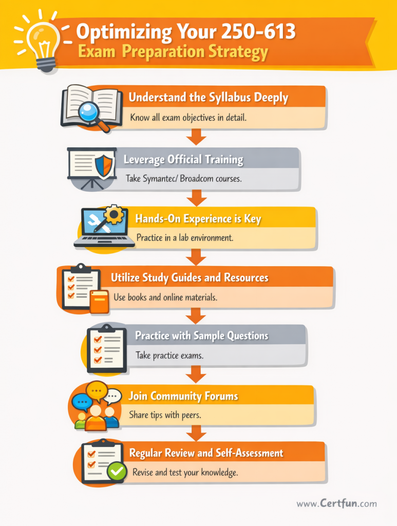 Infographic illustrating an optimized preparation strategy for the Broadcom 250-613 exam, detailing steps like syllabus understanding, hands-on practice, and using study guides.