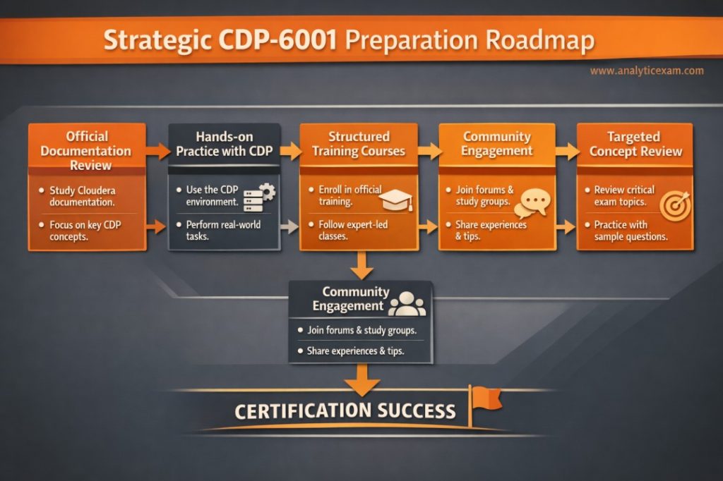 An infographic illustrating a strategic roadmap for Cloudera CDP-6001 exam preparation, detailing phases like documentation review, hands-on practice, and structured training.