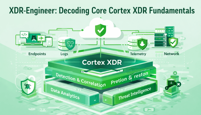 A clean infographic with layered diagrams illustrates the core architecture and fundamental components of the Cortex XDR platform, essential for the XDR-Engineer exam.