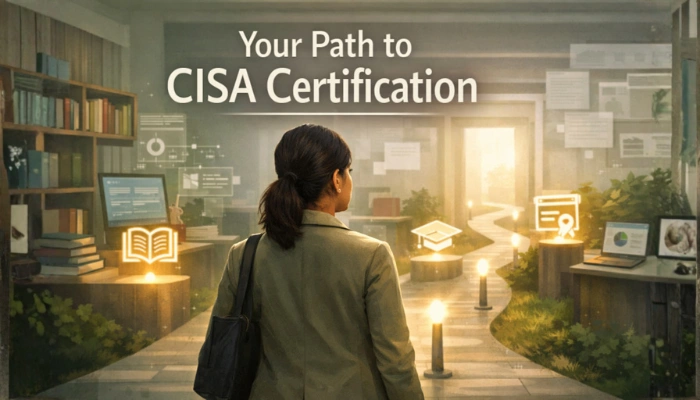 A calm professional stands at the beginning of a well-lit, structured learning path towards ISACA CISA certification, surrounded by modern digital learning elements. The scene is rendered in cinematic realism.