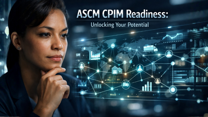 A professional assesses a holographic interface showing supply chain data, emphasizing readiness for the ASCM CPIM certification. The image title highlights unlocking potential.