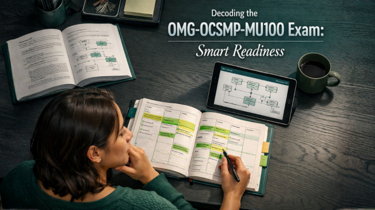 A candidate plans for the OMG-OCSMP-MU100 exam at a desk with textbooks and a tablet, symbolizing strategic preparation and readiness.