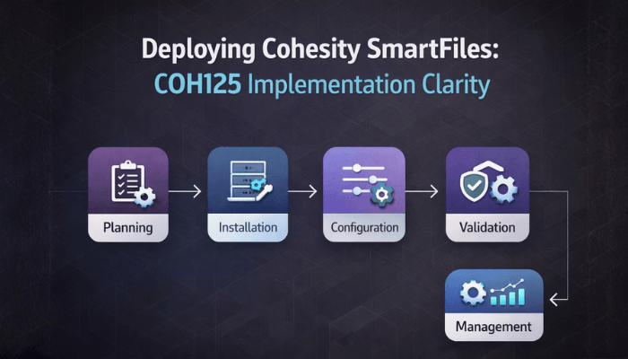 A clean infographic illustrating the structured steps for deploying Cohesity SmartFiles, emphasizing implementation clarity achieved through the COH125 certification.