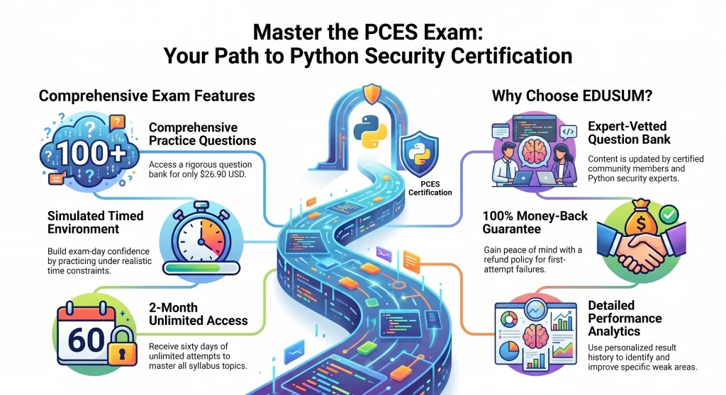 Infographic showing PCES exam features, benefits, and certification path with visuals and icons.