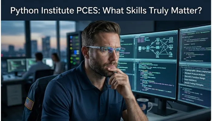 Professional analyzing code on multiple screens, highlighting key skills needed for the Python Institute PCES exam.