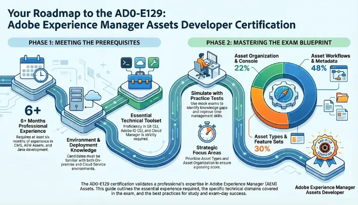 Infographic showing AD0-E129 certification roadmap with prerequisites, tools, and exam blueprint breakdown.