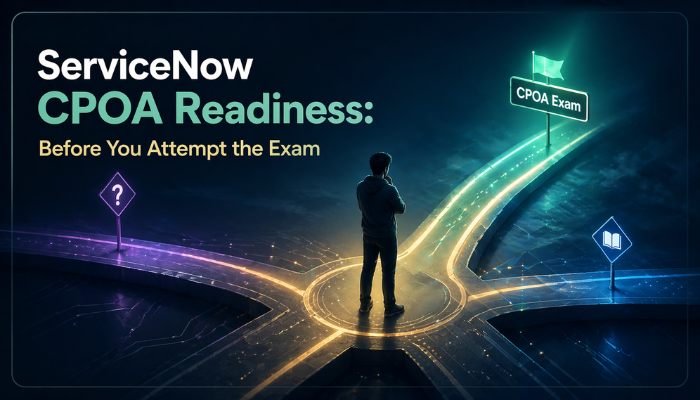 A person standing at a crossroads, contemplating which path to take, with one path clearly labeled for the ServiceNow CPOA exam, signifying a readiness decision.