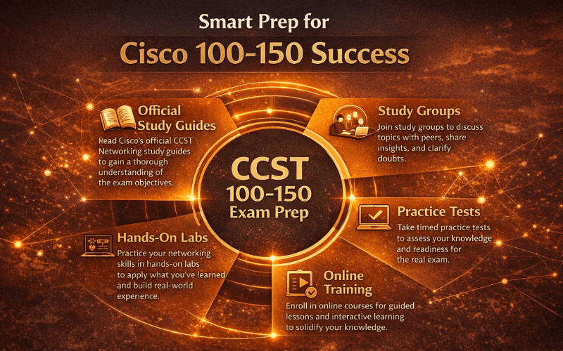 An infographic illustrating smart preparation strategies for the Cisco 100-150 CCST Networking exam, featuring various study resources and methods.
Placement Suggestion: After the "Crafting an Effective Preparation Strategy for 100-150" section.