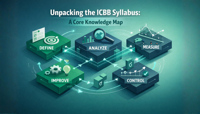 An isometric 3D illustration visually representing the interconnected phases and topics of the IASSC ICBB certification syllabus, emphasizing a holistic knowledge map for Lean Six Sigma mastery.