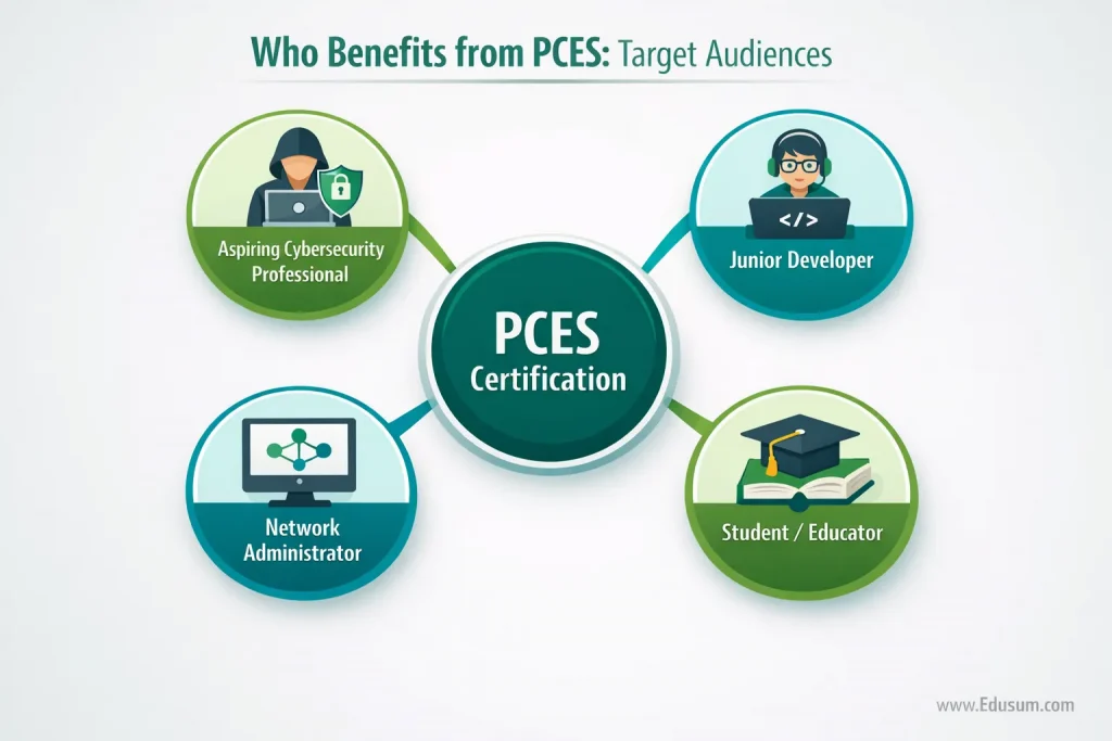 Diagram illustrating target audiences for PCES certification including developers, students, and cybersecurity professionals.