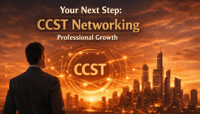 Alt Text: A professional observing a futuristic network interface with a city skyline backdrop, symbolizing career growth and future prospects with the Cisco CCST Networking certification.