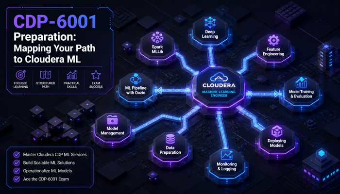 Abstract 3D illustration showing interconnected nodes for CDP-6001 syllabus topics like Spark and Deep Learning, depicting a learning path for Cloudera ML.