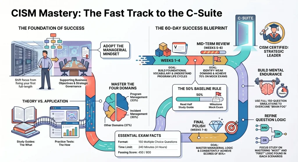 CISM certification roadmap infographic showing study plan, domains, and exam success tips.