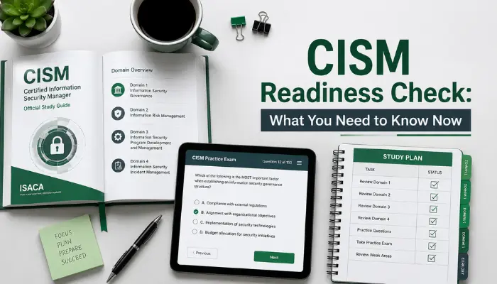 CISM study materials and digital practice exam setup with checklist and notebook.