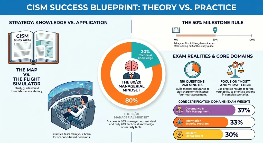 Infographic comparing CISM theory study versus practical exam preparation strategies.