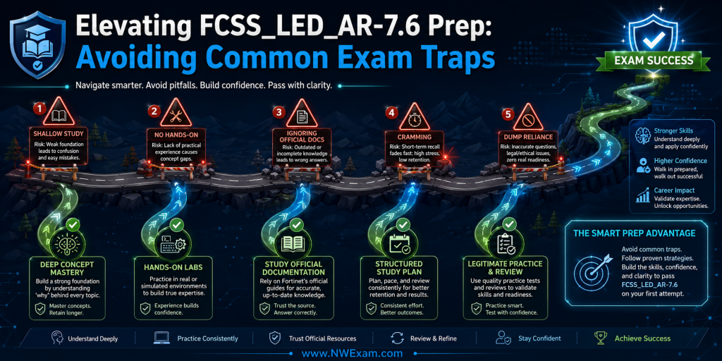Infographic depicting a winding path with common FCSS_LED_AR-7.6 exam preparation pitfalls like shallow study, lack of hands-on experience, ignoring official documentation, cramming, and dump reliance, contrasted by illuminated paths of effective strategies.