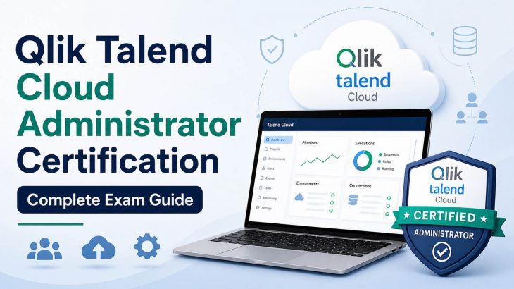 Qlik Talend Cloud Administrator certification exam guide banner with laptop dashboard, cloud, and certified badge.