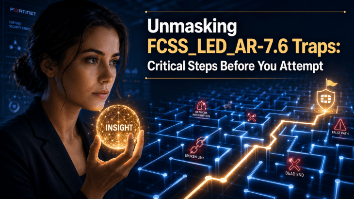 An adult woman contemplating a complex, glowing network maze, illuminated by an insight sphere, symbolizing strategies to avoid FCSS_LED_AR-7.6 exam traps.