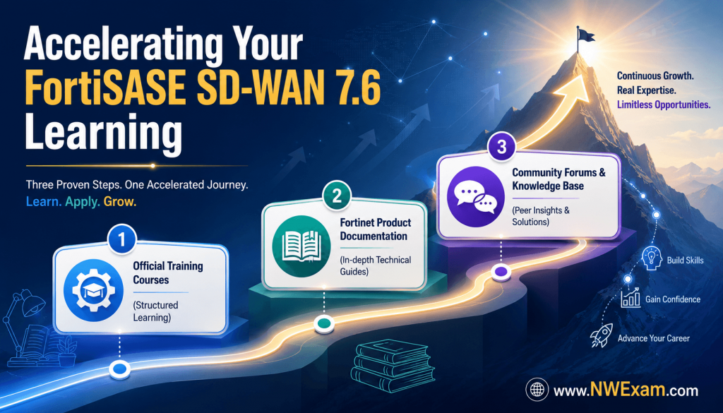 Infographic illustrating a progressive learning path for FortiSASE SD-WAN 7.6 administration, detailing the use of official training, documentation, and community resources.