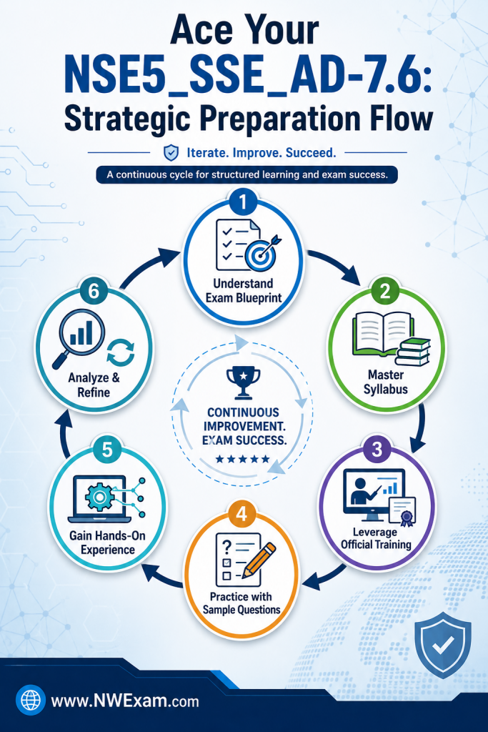 Infographic illustrating a strategic, cyclical preparation flow for the Fortinet NSE5_SSE_AD-7.6 exam, covering blueprint understanding, syllabus mastery, training, practice, and refinement.