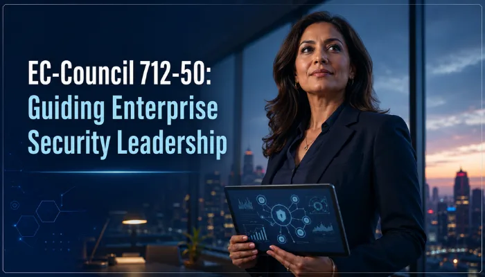 A CISO overlooks a city skyline, holding a tablet with security data, symbolizing strategic leadership in the EC-Council 712-50 CCISO domain.
