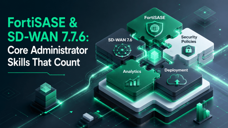 An abstract isometric illustration depicting interconnected blocks representing FortiSASE, SD-WAN 7.6, and core administrative skills for the NSE5_SSE_AD-7.6 exam.