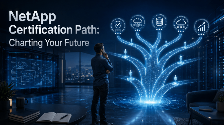 An IT professional, a man, stands in a modern data center, contemplating a holographic map of NetApp certification pathways. The image titled "NetApp Certification Path: Charting Your Future" highlights career decision-making.