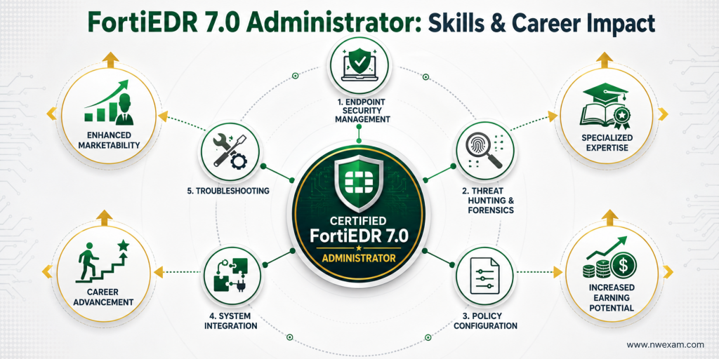 An infographic illustrating the core skills validated by the Fortinet NSE6_EDR_AD-7.0 certification, such as threat hunting and policy configuration, and their positive impact on a cybersecurity administrator's career growth and marketability.
