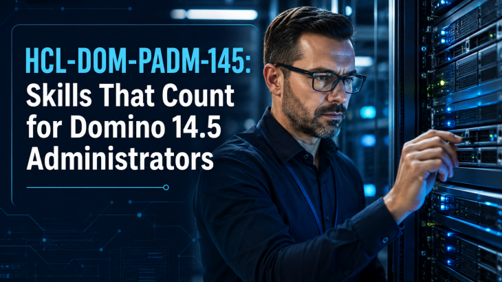 An IT administrator confidently working with HCL Domino 14.5 servers in a data center, symbolizing validated skills for the HCL-DOM-PADM-145 certification.