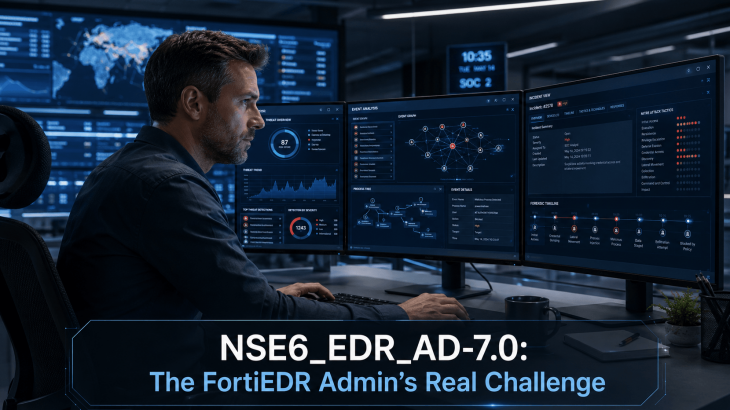 A cybersecurity administrator, an adult man, intently reviews FortiEDR dashboards and threat data on multiple monitors in a modern control room. The image conveys the serious and challenging nature of the NSE6_EDR_AD-7.0 exam.