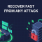 Isometric illustration of a recovery engineer restoring a locked server from clean backup snapshots with a shield and restore arrows, headline Recover Fast From Any Attack