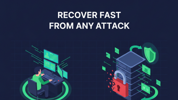 Isometric illustration of a recovery engineer restoring a locked server from clean backup snapshots with a shield and restore arrows, headline Recover Fast From Any Attack