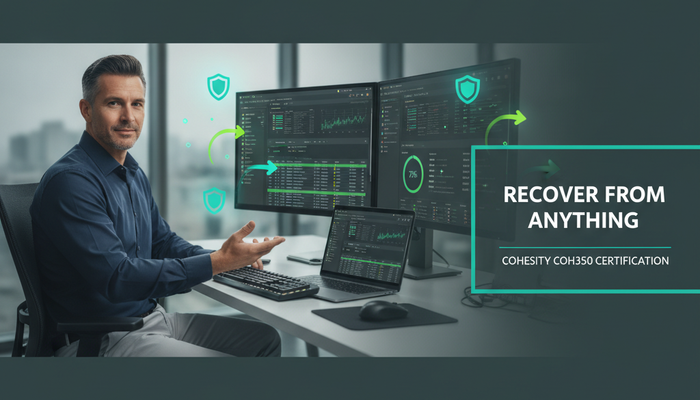 Real backup and recovery engineer at a data protection dashboard with backup snapshots and a recovery progress ring, preparing for the Cohesity COH350 Security Specialist certification
