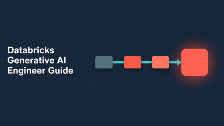 Databricks Generative AI Engineer Associate guide — flat pipeline of four nodes flowing to a glowing coral endpoint