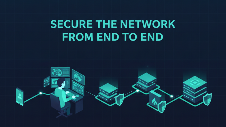 Isometric illustration of a network security engineer monitoring an end-to-end secured path from user device through switches and firewall to a data center, each hop shielded, headline Secure the Network From End to End