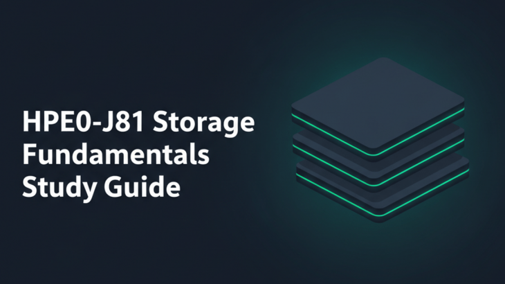 HPE0-J81 study guide — isometric stack of dark storage modules edged with HPE green light bars on deep navy