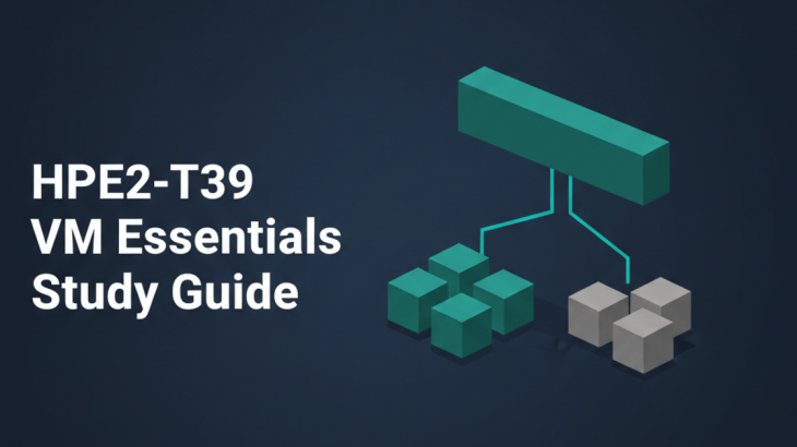 HPE2-T39 study guide — isometric teal and slate VM clusters linked to a single unified control plane bar