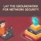 Isometric illustration of a learner network engineer beside a layered security foundation of firewall, VPN, access control and monitoring topped by a shield, headline Lay the Groundwork for Network Security