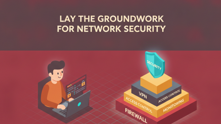 Isometric illustration of a learner network engineer beside a layered security foundation of firewall, VPN, access control and monitoring topped by a shield, headline Lay the Groundwork for Network Security