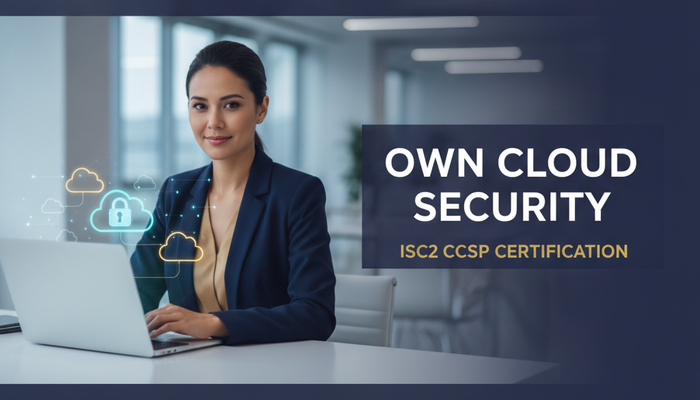 Confident cybersecurity professional at a laptop with cloud and padlock holograms, preparing for the ISC2 CCSP cloud security certification