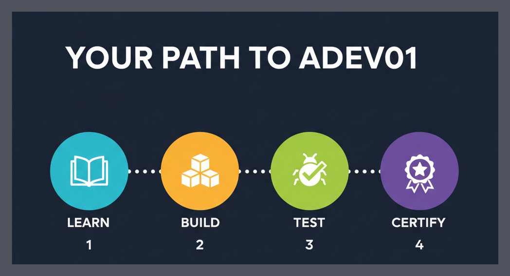 Roadmap infographic: your path to ADEV01 - learn, build, test, certify