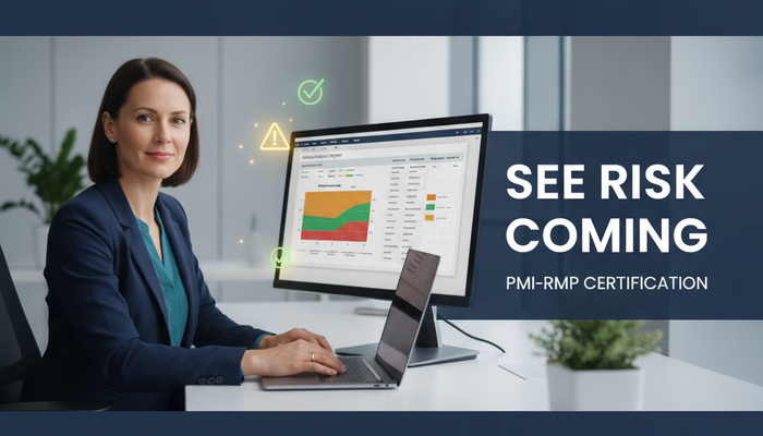 Real project risk manager at a risk register and probability-impact heat-map, preparing for the PMI-RMP Risk Management Professional certification