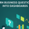 Isometric illustration of a business analyst asking a question that assembles into an interactive dashboard of KPI tiles and charts, headline Turn Business Questions Into Dashboards