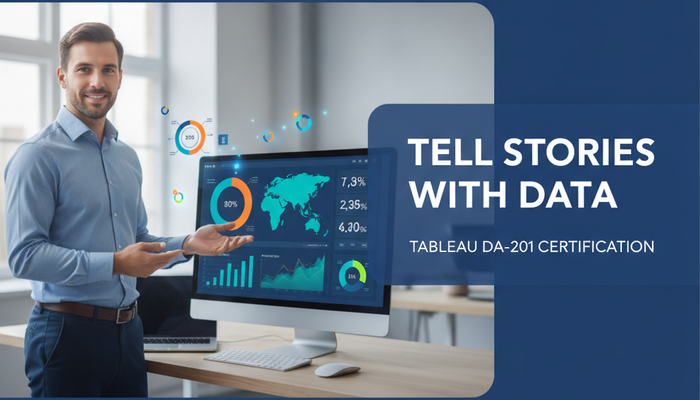 Real data analyst presenting an interactive Tableau dashboard with charts and maps, preparing for the Tableau Analytics-DA-201 Data Analyst certification