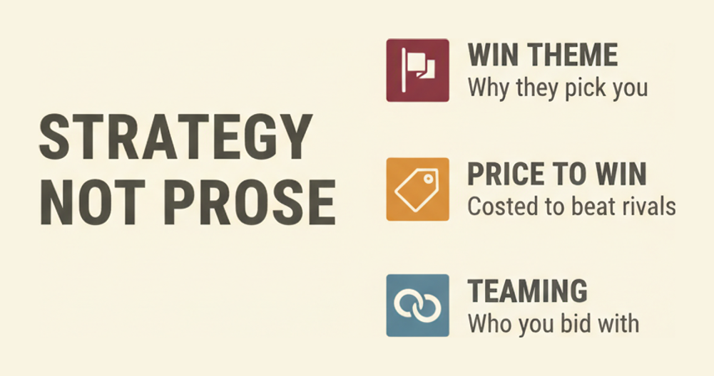 Three APMP Foundation strategy terms: win theme, price to win and teaming, and what each decides